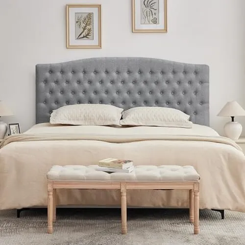 SUAWY tall diamond-tufted headboard in gray linen